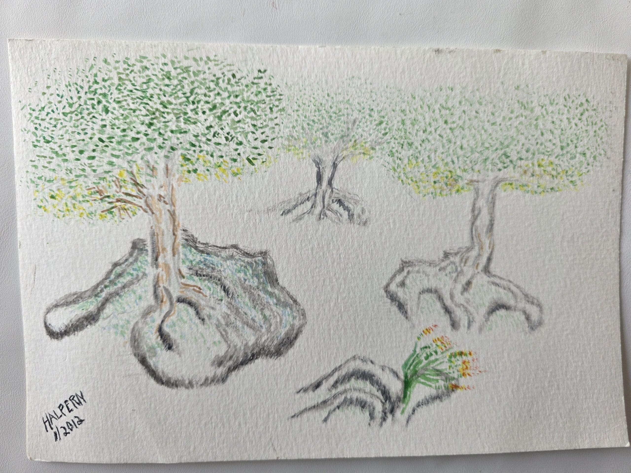 Three futuristic orchard trees forming a triad, with green to yellow leaves, knotted trunks, rock‑anchored roots, and small red‑orange lupin accents, painted in watercolor and ink.