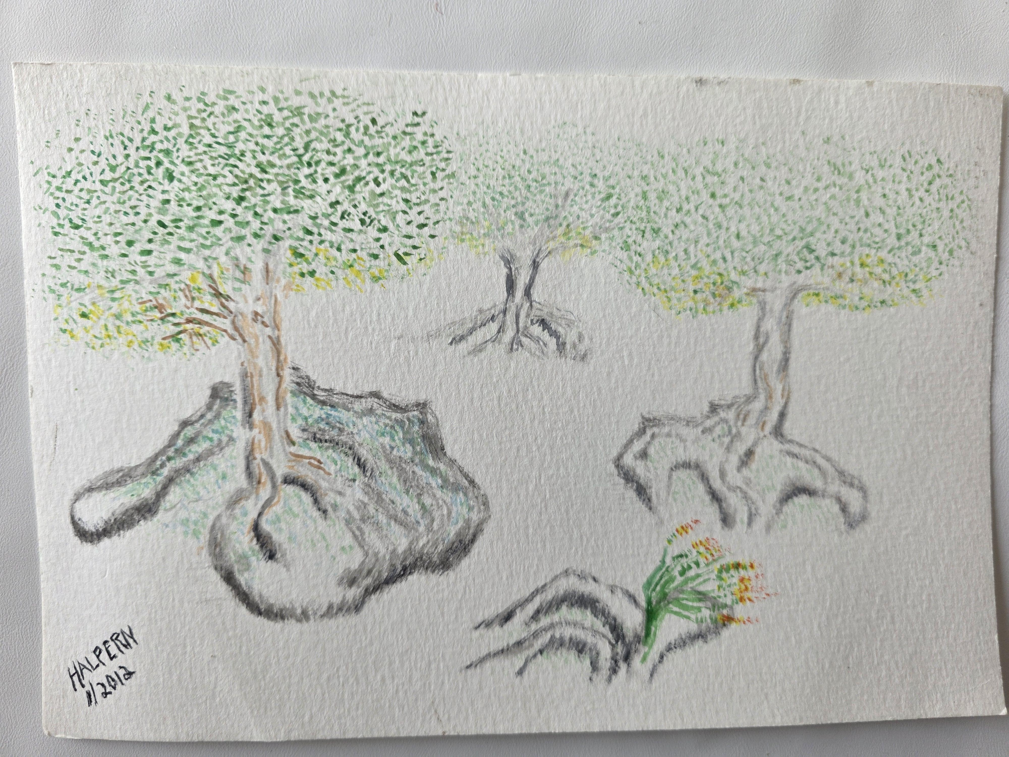 Three futuristic orchard trees forming a triad, with green to yellow leaves, knotted trunks, rock‑anchored roots, and small red‑orange lupin accents, painted in watercolor and ink.