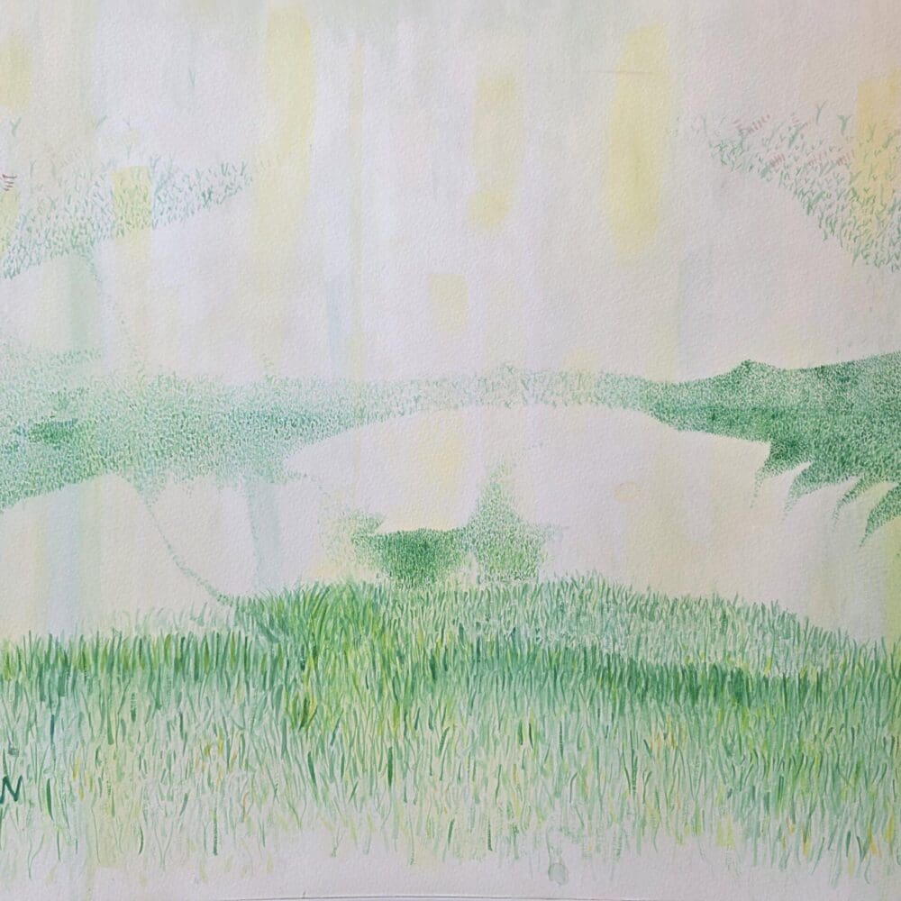 Original large-format watercolor painting of grasses cascading into canyon valleys with faint lupin accents, available for purchase