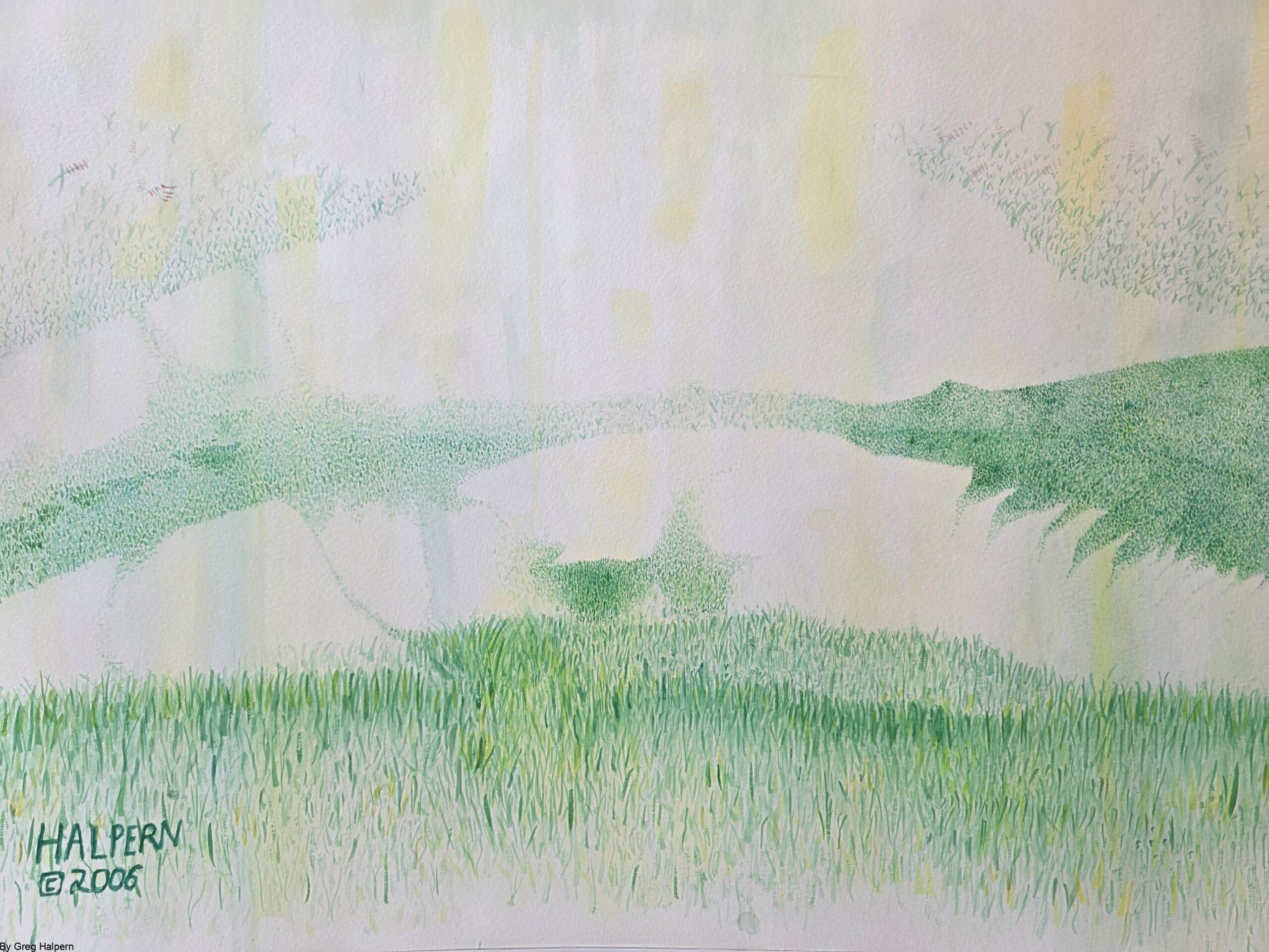 Original large-format watercolor painting of grasses cascading into canyon valleys with faint lupin accents, available for purchase