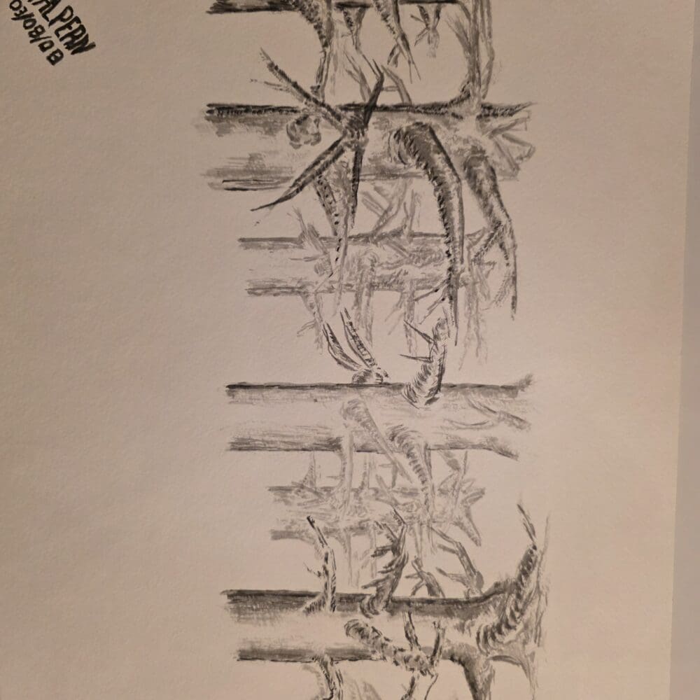 Seven burned‑stump style trees intertwined by twisting branches, suggesting both embrace and conflict, painted in watercolor with ink‑stick brushwork.