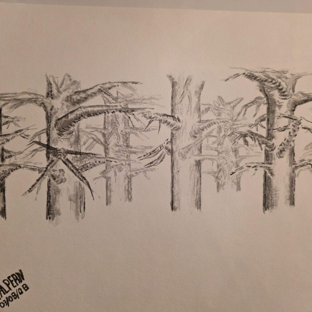 Seven burned‑stump style trees intertwined by twisting branches, suggesting both embrace and conflict, painted in watercolor with ink‑stick brushwork.