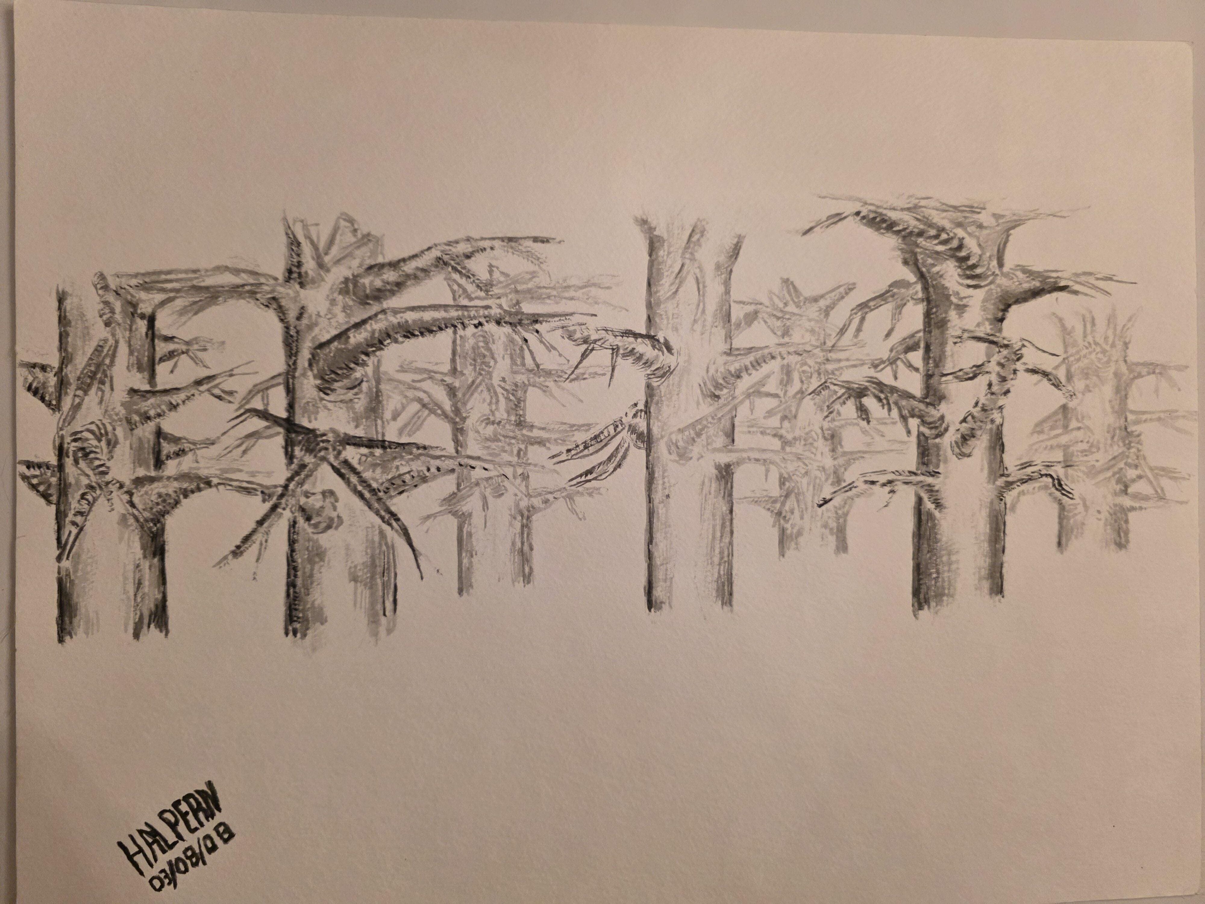 Seven burned‑stump style trees intertwined by twisting branches, suggesting both embrace and conflict, painted in watercolor with ink‑stick brushwork.