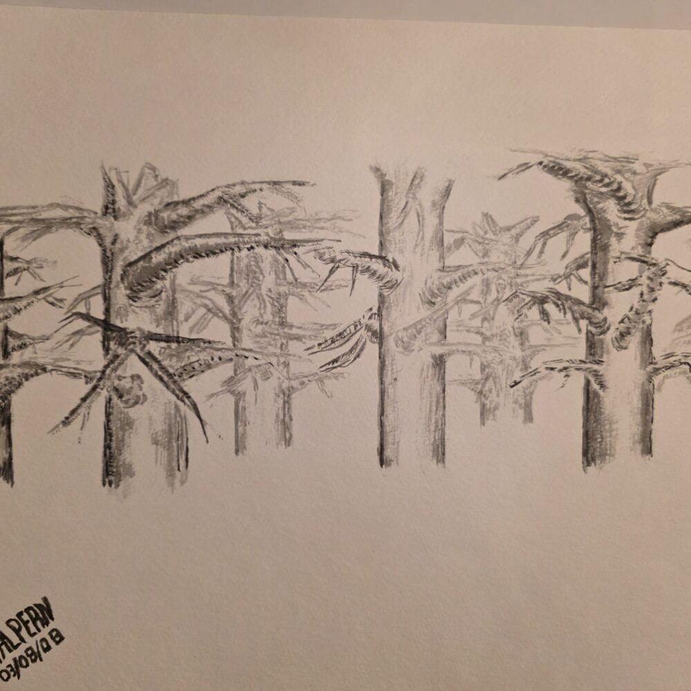 Seven burned‑stump style trees intertwined by twisting branches, suggesting both embrace and conflict, painted in watercolor with ink‑stick brushwork.