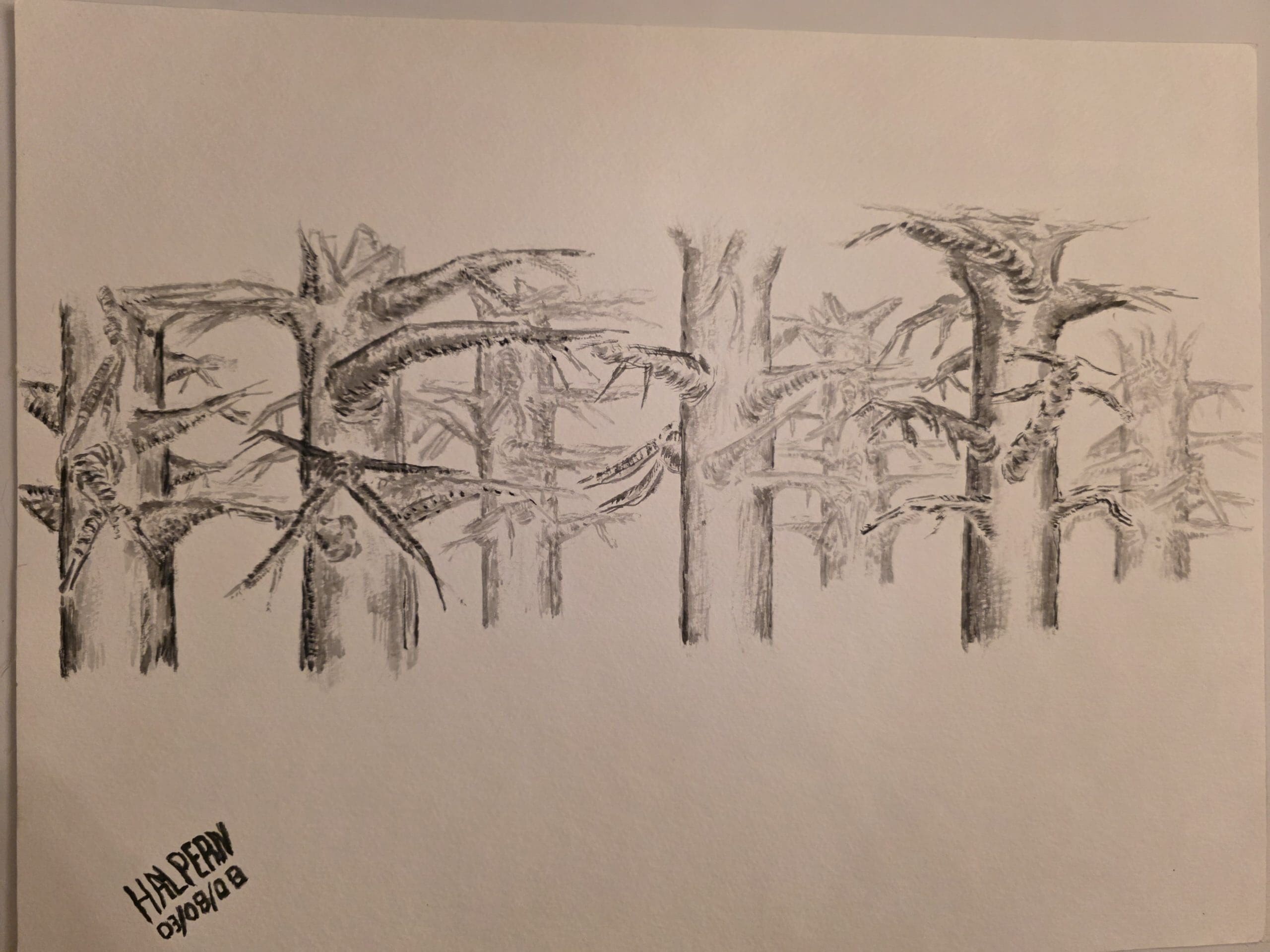 Seven burned‑stump style trees intertwined by twisting branches, suggesting both embrace and conflict, painted in watercolor with ink‑stick brushwork.