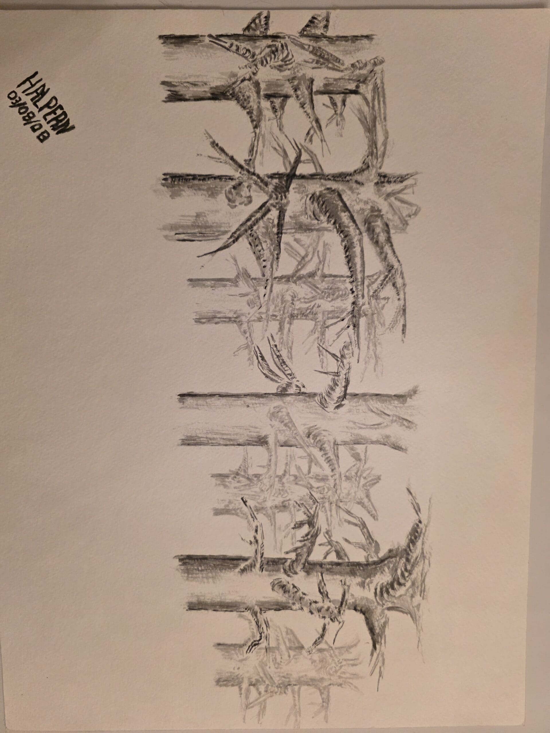 Seven burned‑stump style trees intertwined by twisting branches, suggesting both embrace and conflict, painted in watercolor with ink‑stick brushwork.