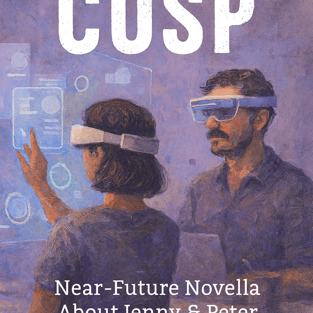 Coverart for Cusp, a near‑future sci‑fi short story by Gregory Halpern. Depicts Jenny Sprout, a consultant working remotely for Kinetics Inc., struggling with a malfunctioning robot named Eugene and the pressures of technology, corporate control, and resilience in her personal life.