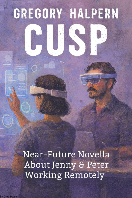 Coverart for Cusp, a near‑future sci‑fi short story by Gregory Halpern. Depicts Jenny Sprout, a consultant working remotely for Kinetics Inc., struggling with a malfunctioning robot named Eugene and the pressures of technology, corporate control, and resilience in her personal life.