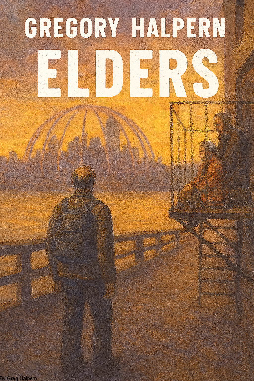 Cover for Elders, a near‑future sci‑fi short story by Gregory Halpern. Jupe stands on the George Washington Bridge gazing at the domed Manhattan skyline at sunset. Celestina and Malcom sit quietly on a fire escape nearby. The mood is somber and reflective, with warm orange haze and painterly textures.