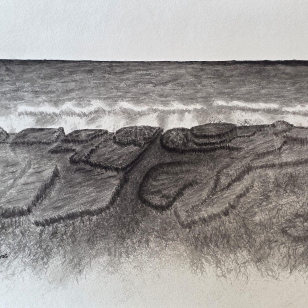 Ink brush painting of rocky Maine coastline with granite formations and ocean spray, aerial perspective.