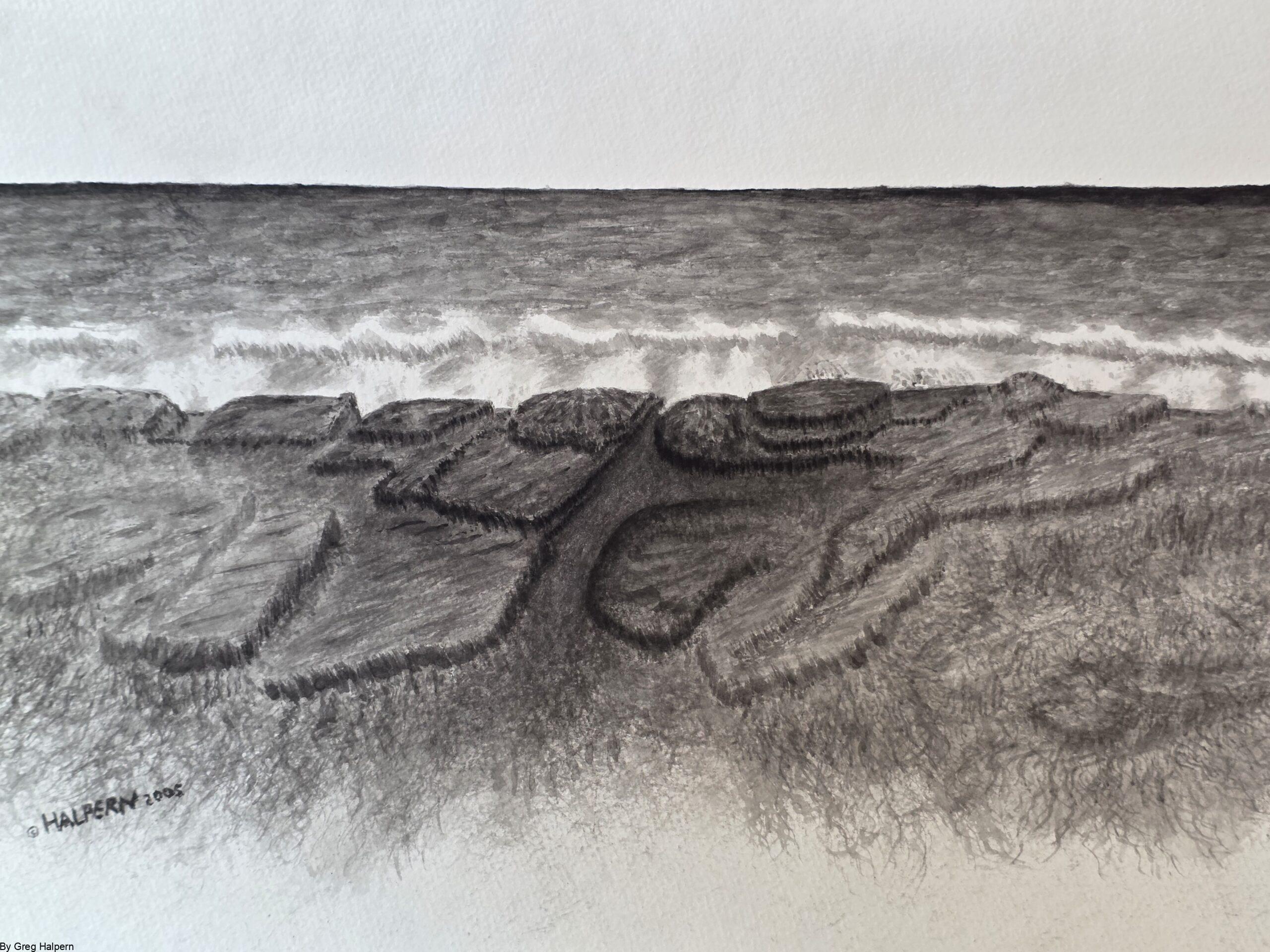 Ink brush painting of rocky Maine coastline with granite formations and ocean spray, aerial perspective.