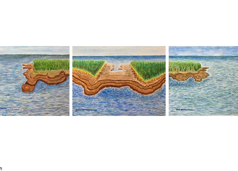 Watercolor triptych showing a continuous coastal island scene across three panels. Each painting depicts marsh grasses, eroded shoreline, and calm water under a pale blue sky, forming a unified landscape when viewed together.