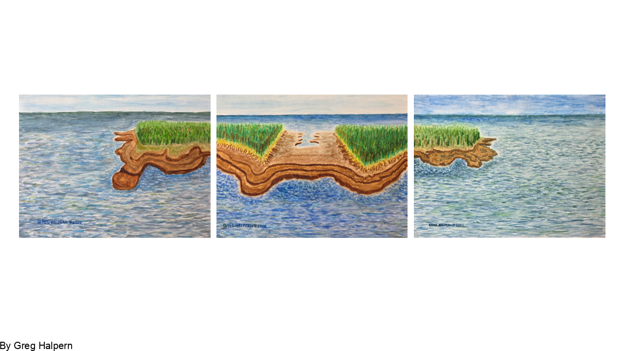 Watercolor triptych showing a continuous coastal island scene across three panels. Each painting depicts marsh grasses, eroded shoreline, and calm water under a pale blue sky, forming a unified landscape when viewed together.