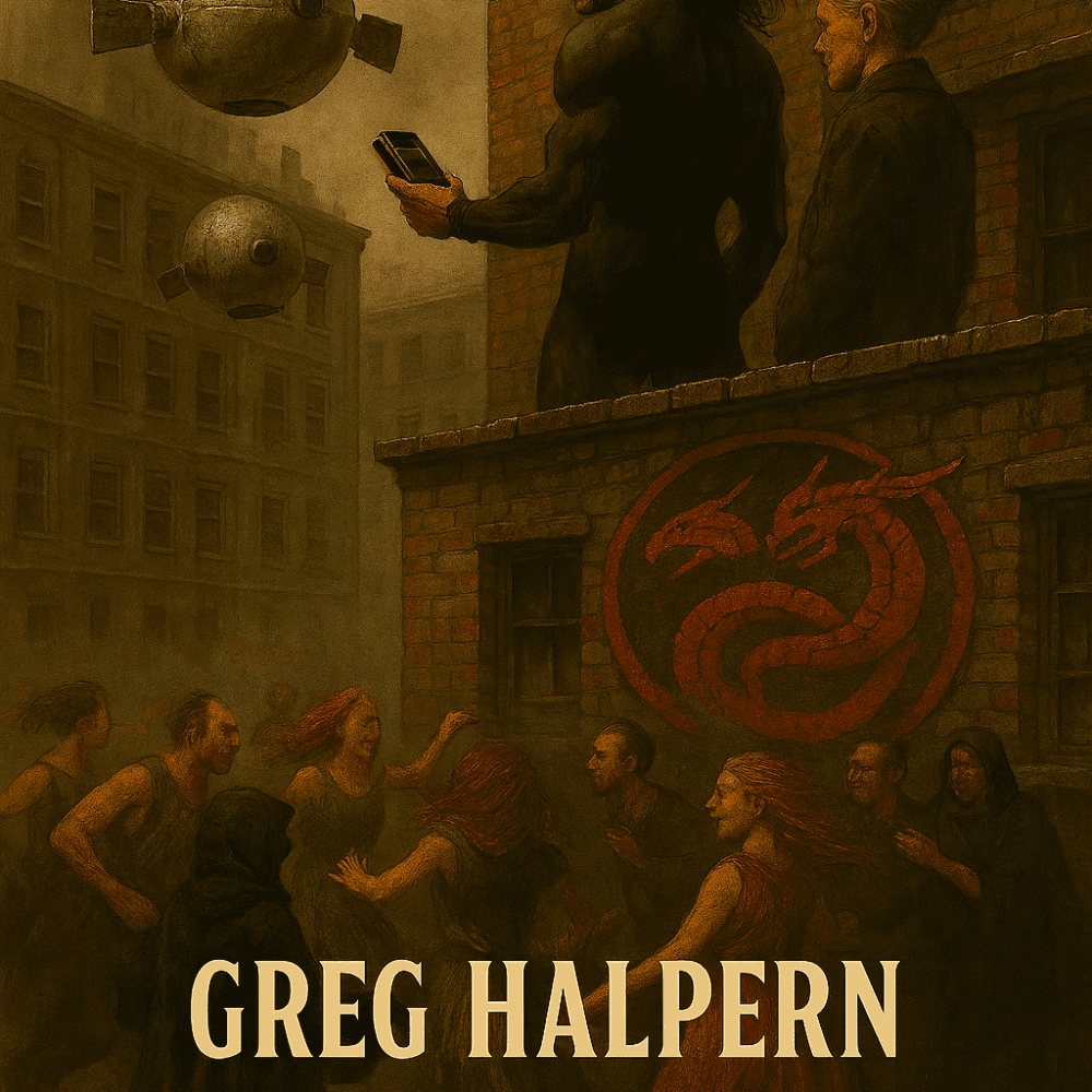 “Near‑future Manhattan rooftop scene with Pitman in a black bodysuit holding a control device, Eudora beside him, two floating silver globes with exposed speakers hovering over a circle of dancers in a dusty, ruined street, with a two‑headed dragon graffiti symbol on the building wall.”
