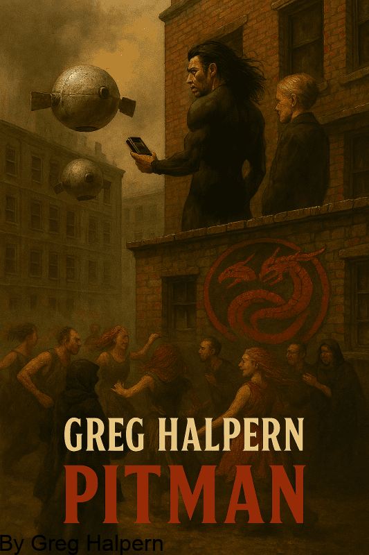 Near‑future Manhattan rooftop scene with Pitman in a black bodysuit holding a control device, Eudora beside him, two floating silver globes with exposed speakers hovering over a circle of dancers in a dusty, ruined street, with a two‑headed dragon graffiti symbol on the building wall.