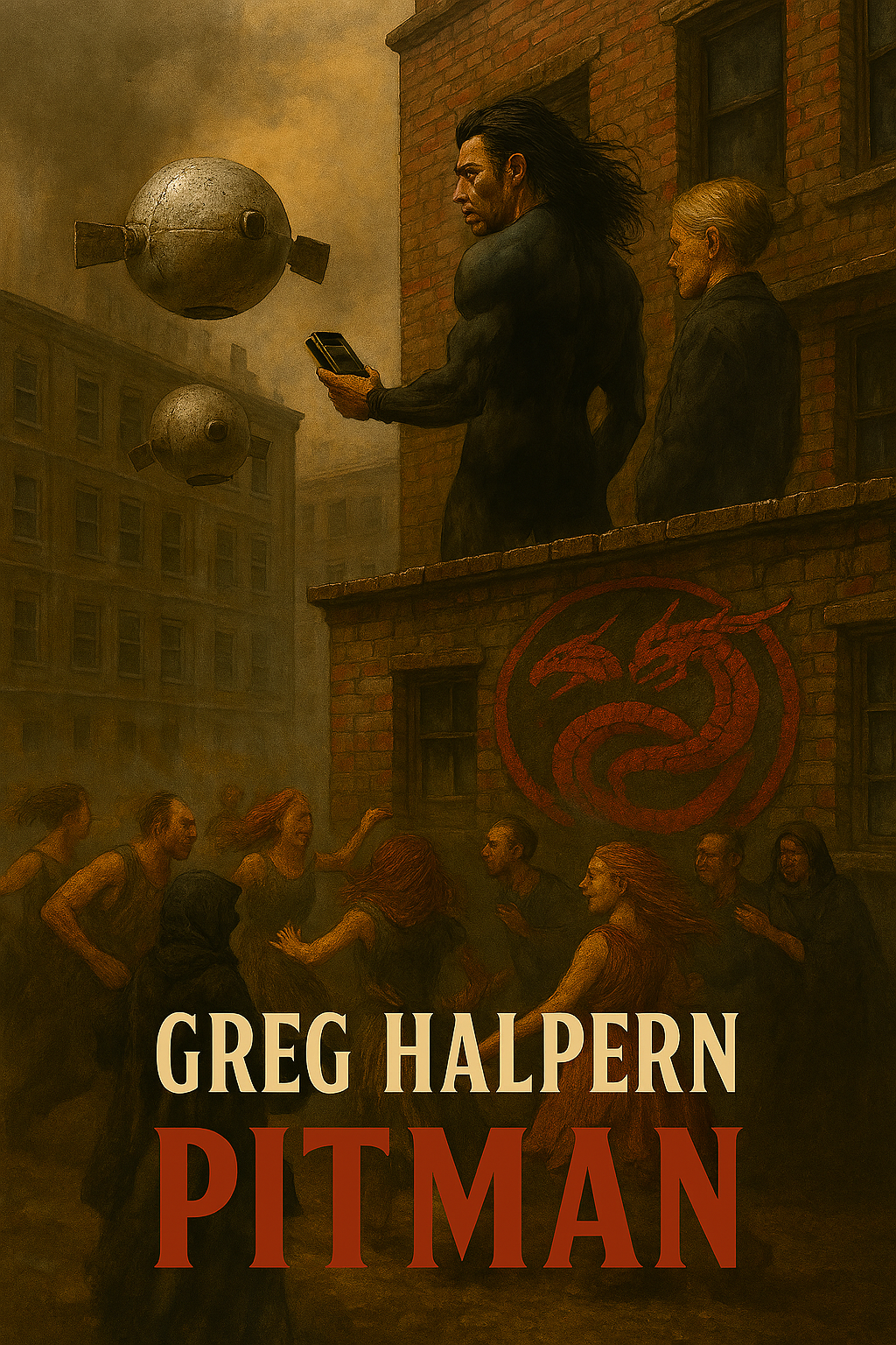 Near‑future Manhattan rooftop scene with Pitman in a black bodysuit holding a control device, Eudora beside him, two floating silver globes with exposed speakers hovering over a circle of dancers in a dusty, ruined street, with a two‑headed dragon graffiti symbol on the building wall.